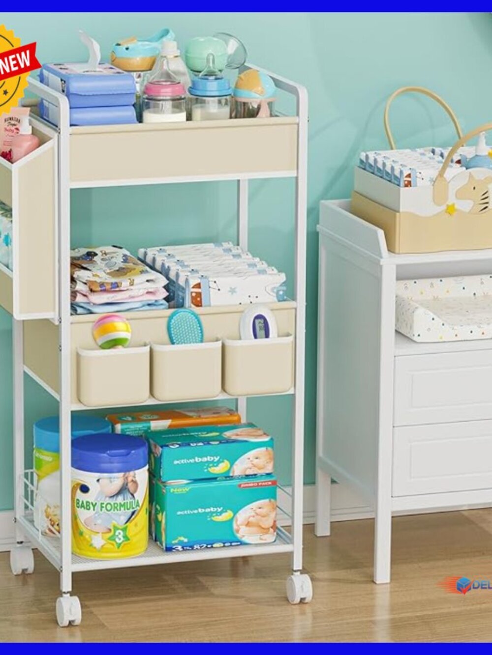 3-Tier Rolling Diaper Caddy Cart with Wheels, Nursery Storage Organizer